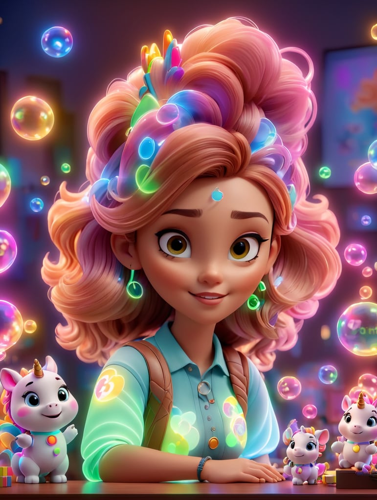 young woman, creative, cool, in a desktop, with neon lights, eCommerce, pixar style, unicorns, bubbles, fans, love