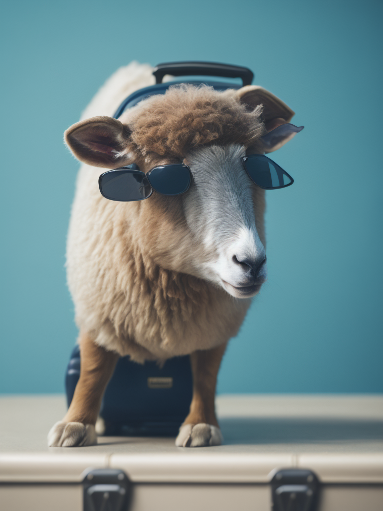 a sheep wearing sunglasses standing beside travel luggage, studio cyan-colored background, sharp detail