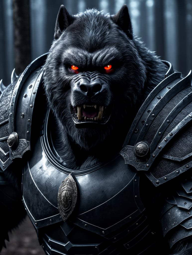 Silverback werewolf assassin wearing armor with glowing eyes