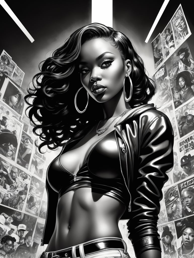 black and white female illustration, hip hop culture, comics art, using light and dark tones, giant exaggerated proportions