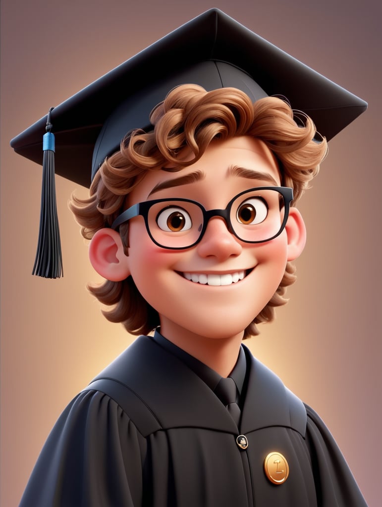 the young 18 years old man stands proudly in his black cap and black gown, radiating a sense of accomplishment and hope. beatiful smile. disney pixar sytle. Light brown hair. chin a little square. bow tie. beautiful ears. Caucasian skin. short light brown curly hair with shaved aside. Black square glasses. Brown eyes. Chubby rosy cheeks.