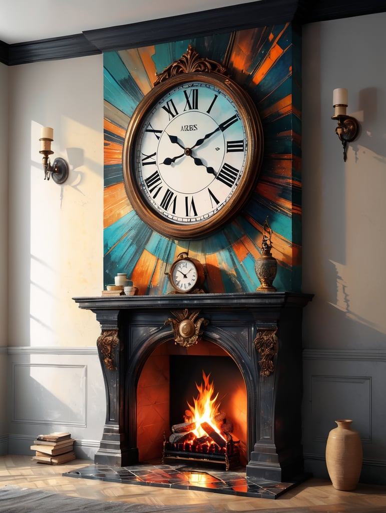 Front view of Wood burning in a fireplace with a tiled surround and a simple mantle piece with an old clock on the wall