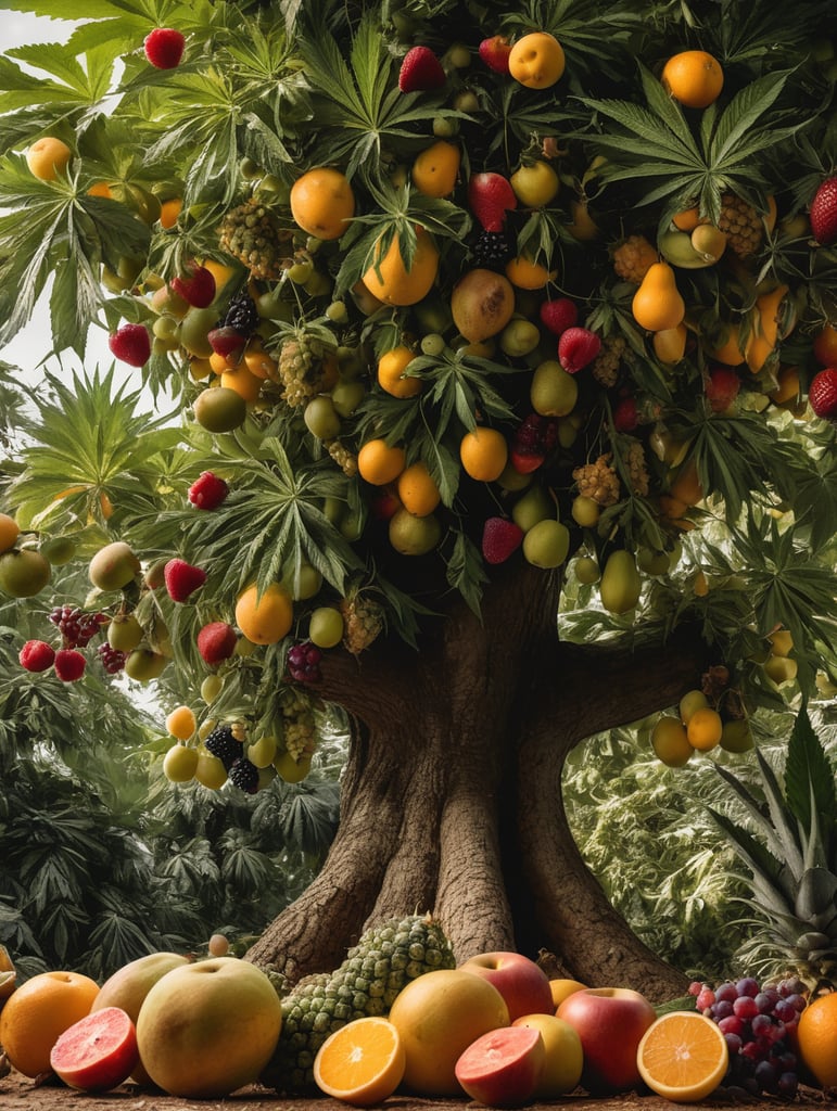 Various different fruits falling from a giant cannabis tree