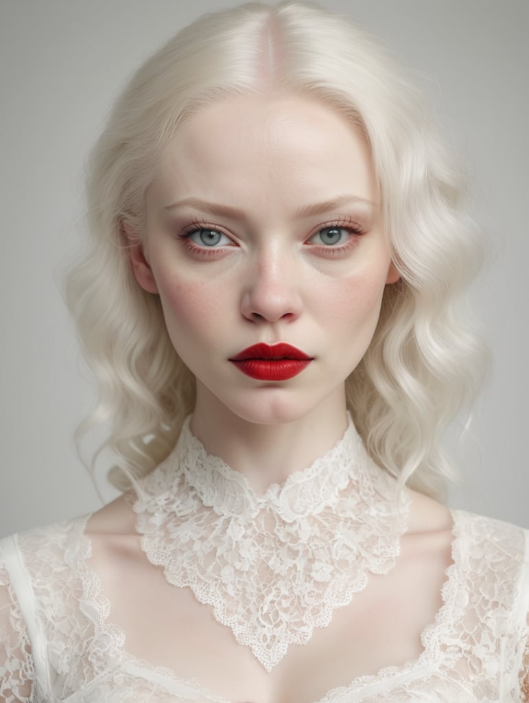 extremely realistic image of an albino woman, extremely white skin and hair, white lace clothes, (red lips), light grey eyes, ultra sharp focus, white background, studio photography by MSchiffer