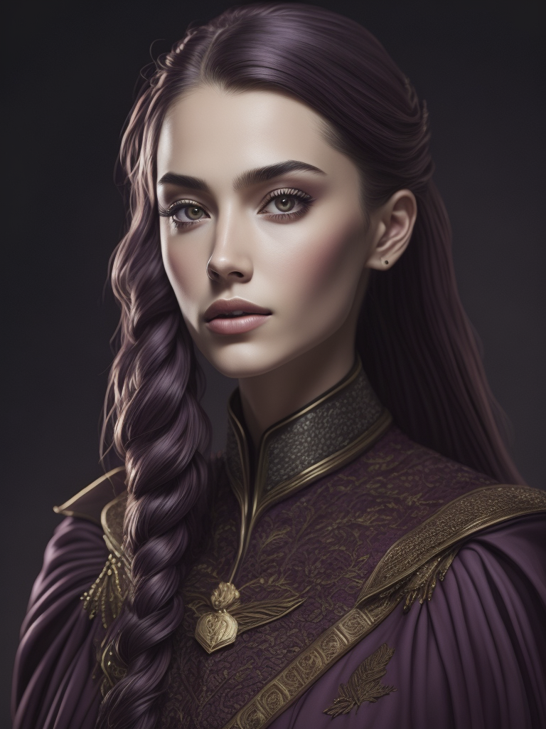 Portrait of a young queen with long wine color braided hair, royal guard purple outfit, elegant, highly detailed, digital painting, artstation, concept art, smooth, illustration, oval face, art by helena nikulina