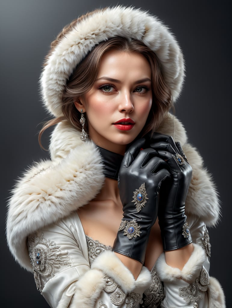 woman wearing fur gloves, hand drawing style, white background, high quality