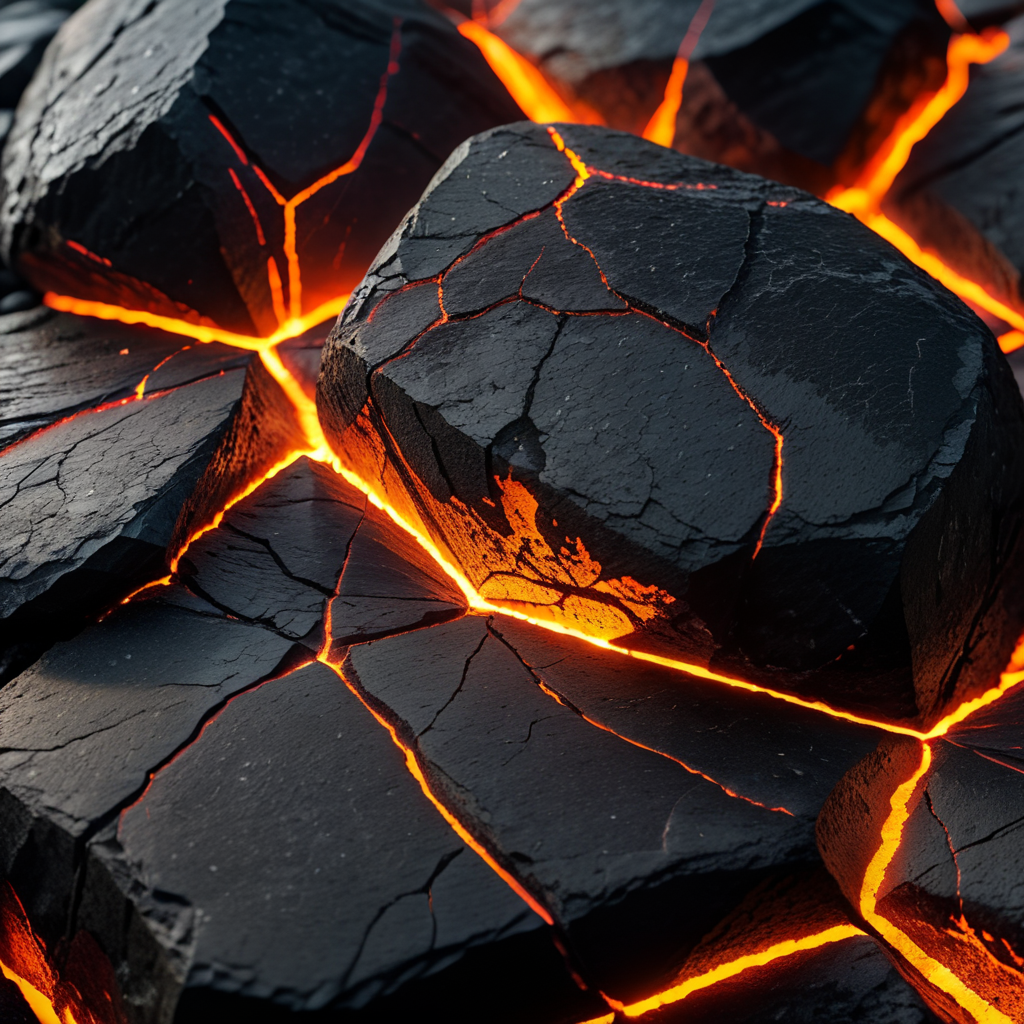Close Up Of An Intense Glow Of Lava In Dark 3d Rendered lava cracked black Rock Texture realistic dark mood
