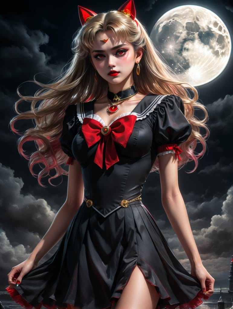 90's anime vintage anime vampire girl sailor moon red Eyes dark dress Moonlight black dress