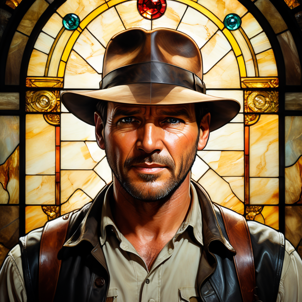 liberty Stained glass Tiffany style portrait of indiana jones, simple, vector style, few colors