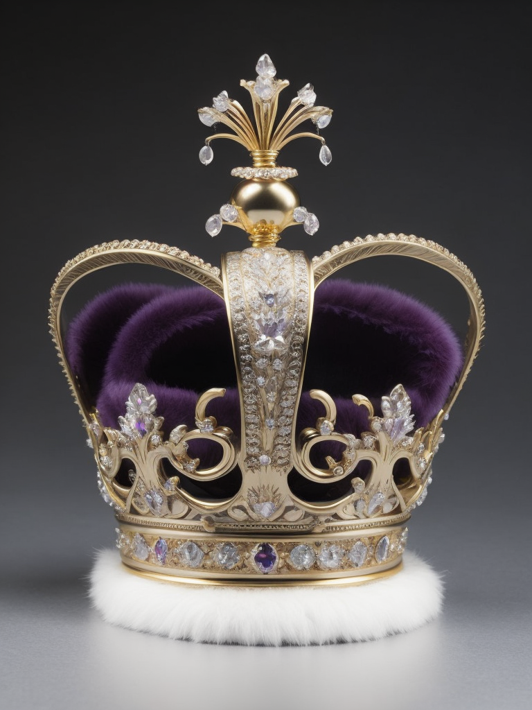 St. Edward’s Gold Crown adorned with gems, Purple velvet, White fox fur, Gray gradient background, Incredibly high detail, deep & bright colors, contrast light