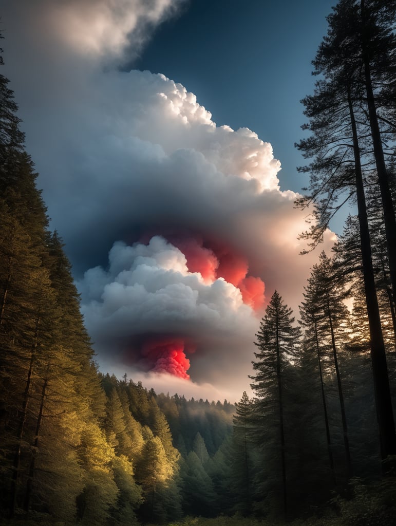 a single big cloud is hovering over a dark forest and shines with subtle red colors, the air is full of mist so that the light shines very hazy, vibrant blue colours, highly detailed, sharp focus, dramatic lighting, depth of field, incredibly high detailed, photorealistic, in analogue image style, light refractions