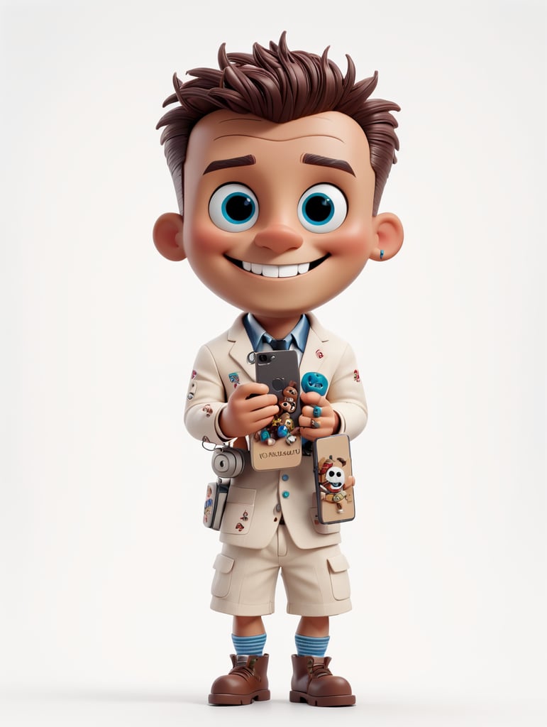 white background voodoo doll basic pins stitched (man) happy sorrindo com celular na mão