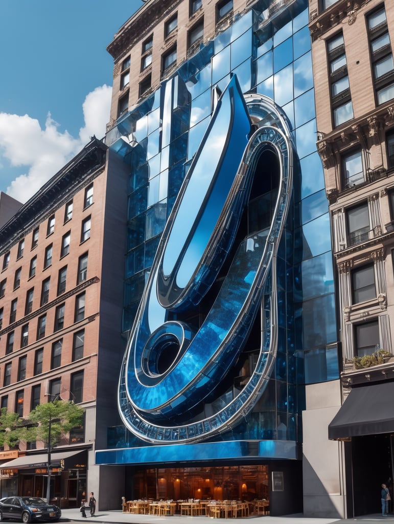 A futuristic neocosmic architectural facade of à Restaurant on the form of a musical note, in New York city, in blue glass, hyper realistic, hyper detailed, Nikon camera