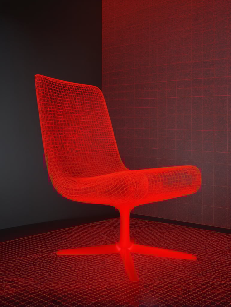 A three-dimensional model of a chair made of a neon-red regular uniform grid of streamlined squares over the entire surface of the body, for the effect of volume and depth on a dark background-there are --no mirror reflections