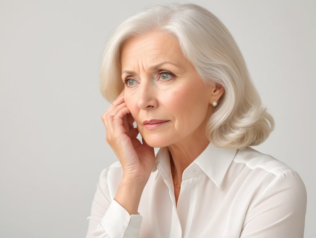 Blonde middle aged woman ponders on something keeps hand near face, white hair, white blouse, mature women, pretty old women, isolated, white background