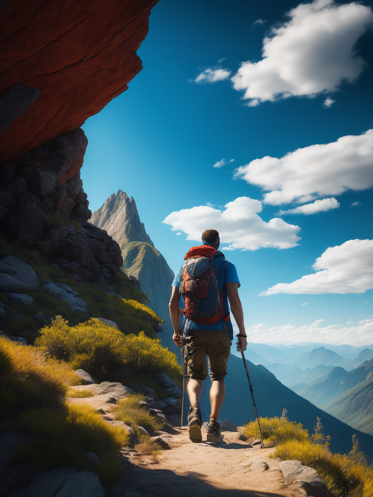 Man hiking in a mountain, brilliant blue sky, serene, peaceful, majestic, high detail, landscape, ultra hd, matte painting, highly detailed, concept art, contrast light, deep colors
