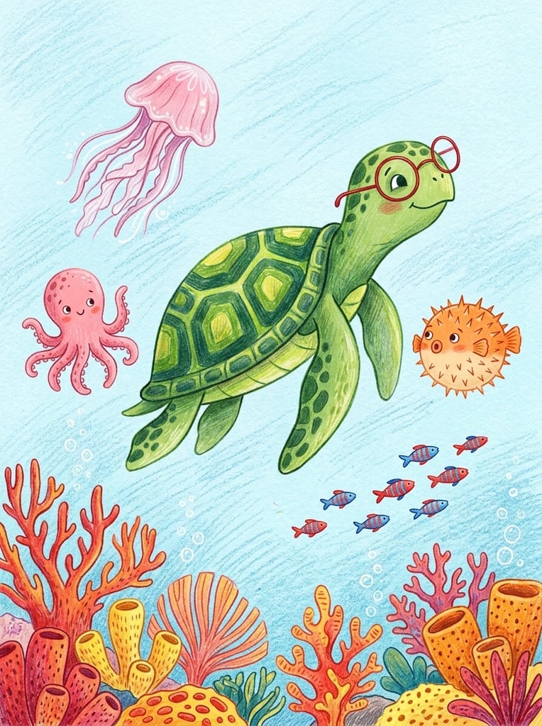 A whimsical colored pencil illustration of a stylized green sea turtle wearing round red glasses, swimming through a textured light blue ocean. The turtle is surrounded by a pink jellyfish, a small pink octopus, an orange spiky pufferfish, and several tiny red and blue striped fish. Vibrant red and orange coral lines the bottom edge alongside subtle white bubbles, all rendered in a flat, playful aesthetic.