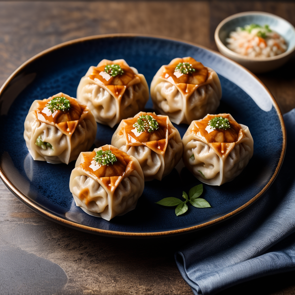 three chicken Shumai dumplings on a dark blue plate