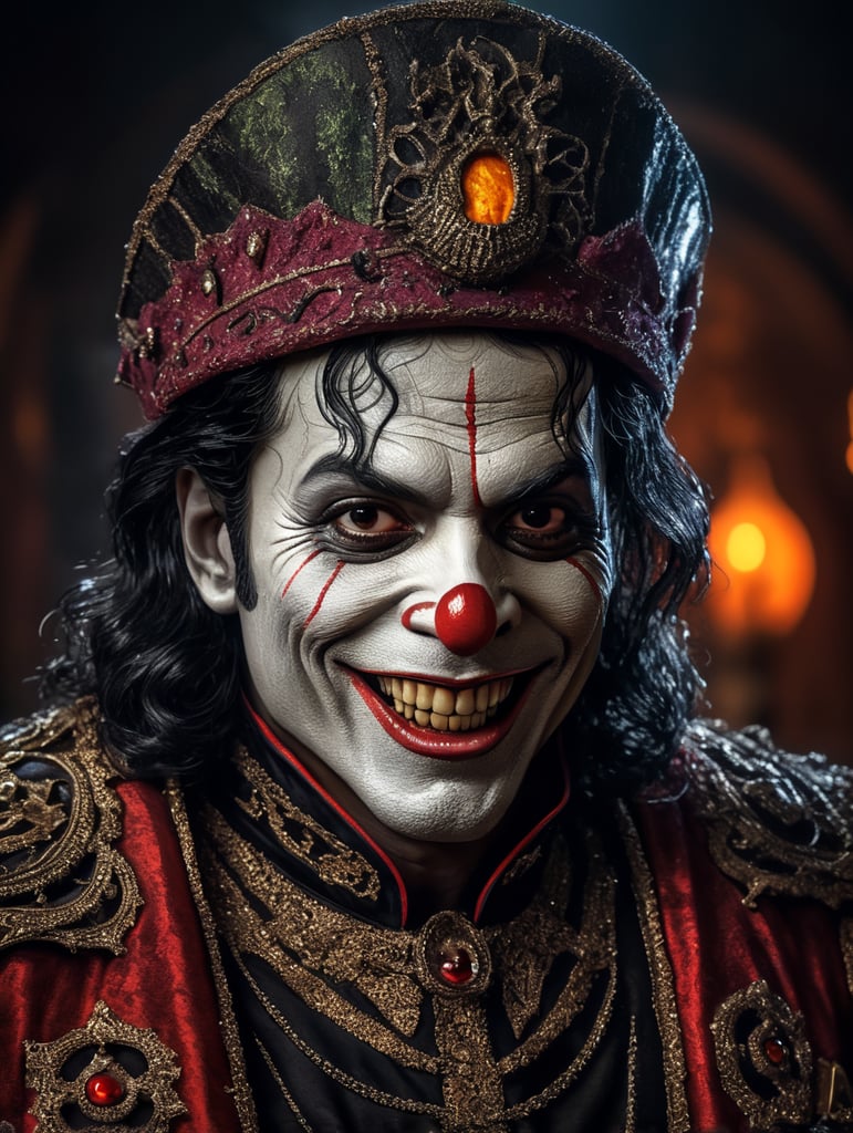 Old Michael Jackson as a creepy evil character wearing spooky Halloween costume, evil smile, creepy tiny nose, Vivid saturated colors, Contrast color