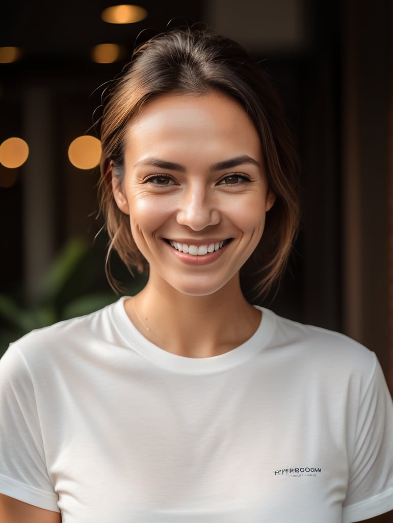 realistic portrait photography of a woman in white t shirt smiling into the camera