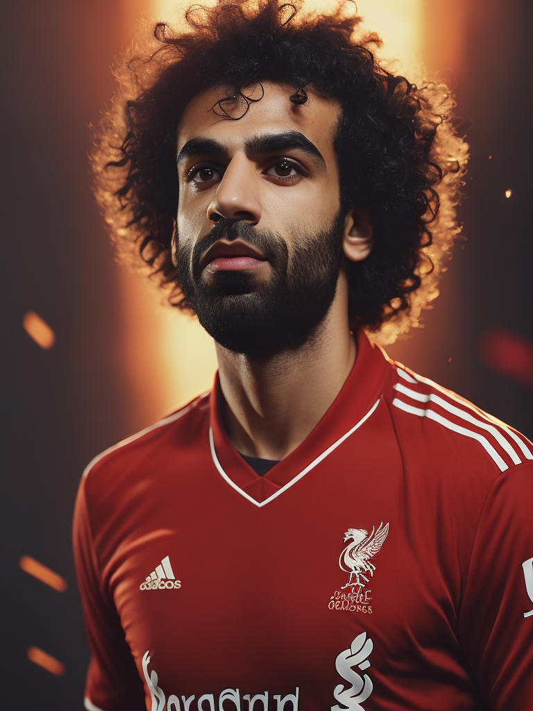 Mohamed Salah portrait in a red Liverpool football uniform, bright and saturated colors, highly detailed, fashion magazine, sharp focus, Dramatic Lighting, Depth of field, Incredibly high detailed, blurred background