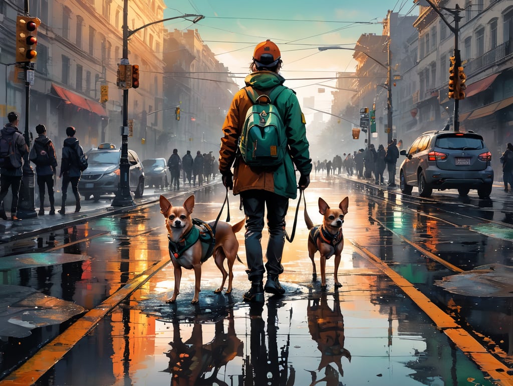 Город. Светофор. Перекресток. Закат. Сумка из цветка. Её несёт собачка чихуахуа . Пьет кофе. Много людей вокруг. Отражение в луже.