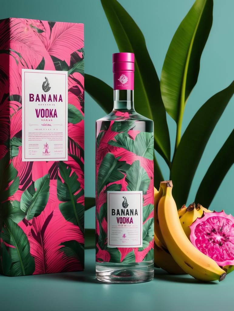 Packaging and branding for a banana vodka brand as if it had been designed by HI ESTUDIO with In a set design with banana, dragon fruit and dry banana leaves.