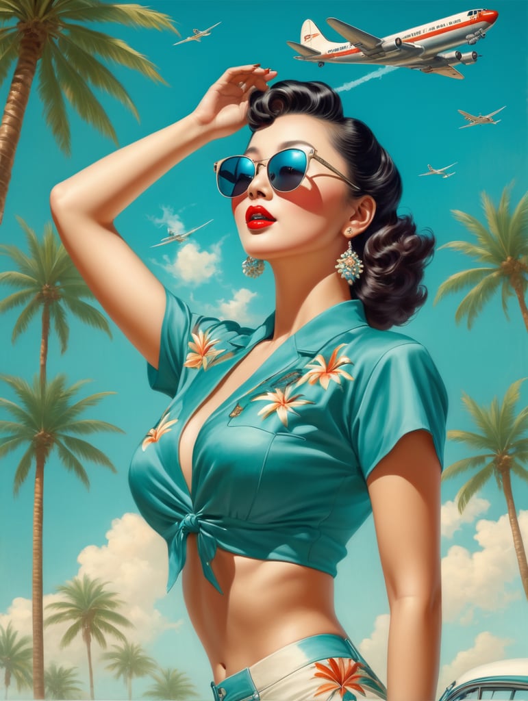 Pin up art, portrait, a chinese woman raised her head up, looks at the sky, sunglasses, one airplane flies in a clear sky and leaves a mark, summer, palms around, palms reflected on a sunglasses, turquoise shades, style by Gil Elvgren