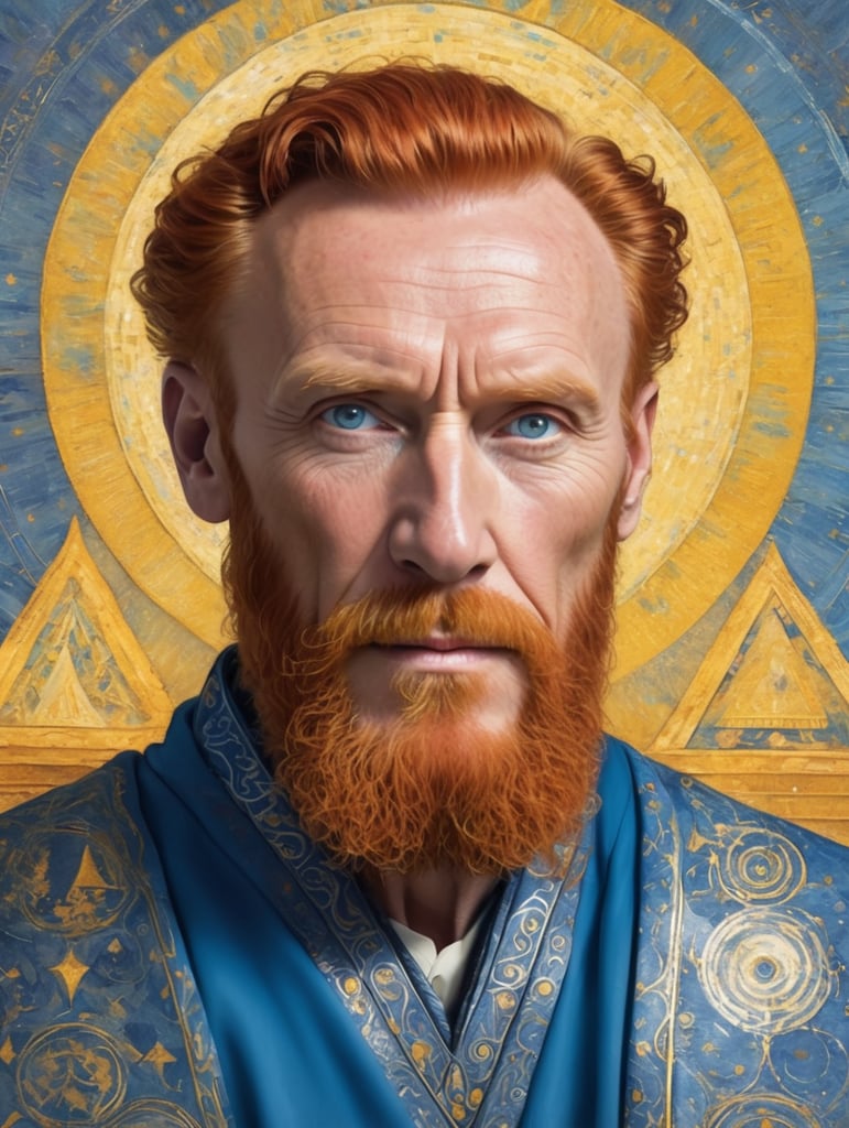 Good looking middle-aged wizard with only one ear, expressive red hair, reminiscent of Vincent Van Gogh. He wears a flowing blue robe adorned with intricate silver patterns that shimmer faintly. His yellow eyes are bright and intense, reflecting wisdom and eccentricity. The background might be a summerian blue pyramid.