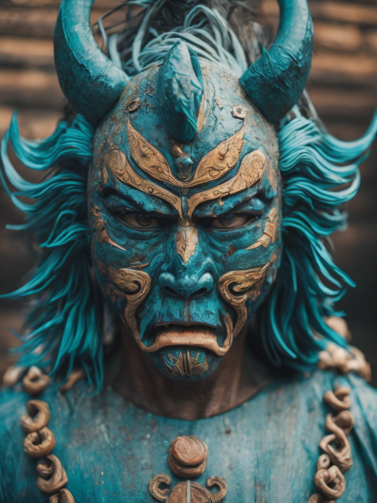 wooden japanese oni mask, turquoise, saturated colors, demon, Depth of field, Incredibly high detail