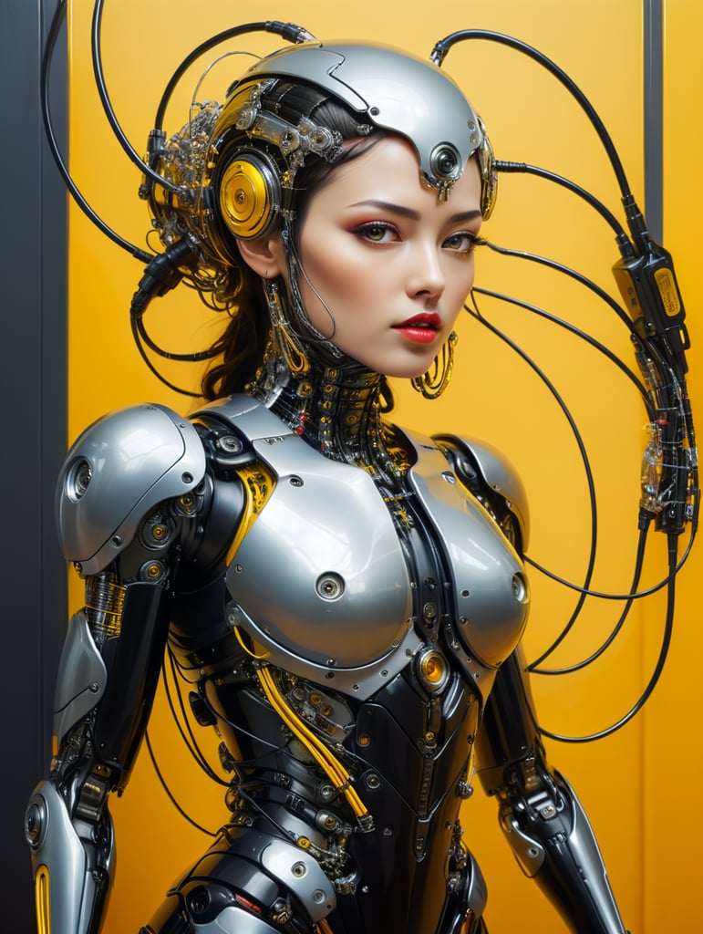 Half body photography, in front of a yellow wall, a futuristic cyborg woman, full of cables and wires and led, an well shaped transparent dark plexiglass latex body plc robots with silver motor head, 80 degree view, art by sergio lopez, natalie shau, james jean and salvador dali