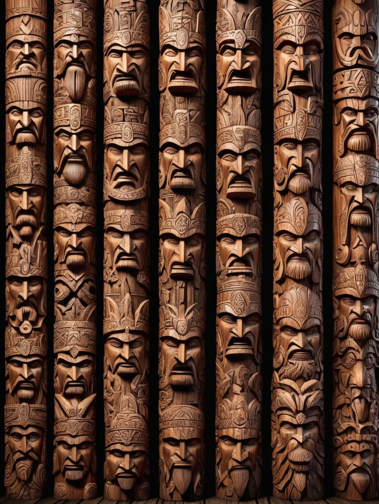 viking's wooden totem pole, viking faces carved, animals carved, traditional ornament around