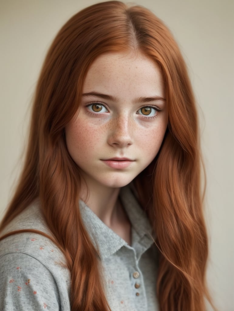 Scottish adolescent female, long auburn hair, brown eyes, freckles