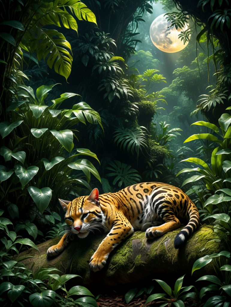 An ocelot sleeping under the bushes of the tropical rainforest, softly light comes from a full moon.