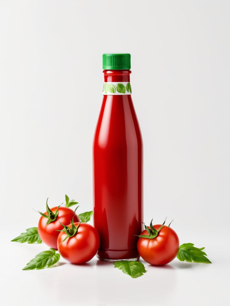 tomato ketchup bottle, red tomato with green leaves, isolated, white background