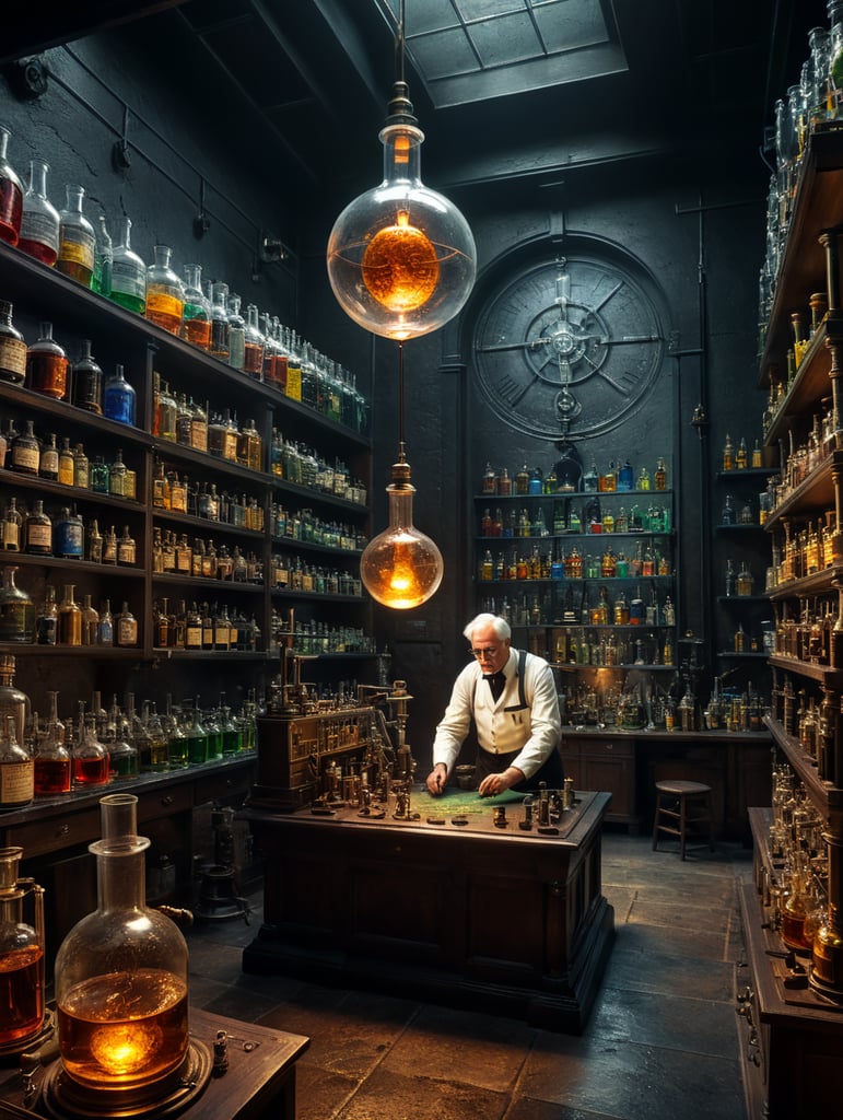 Alexander Fleming in a lab mixing chemicals