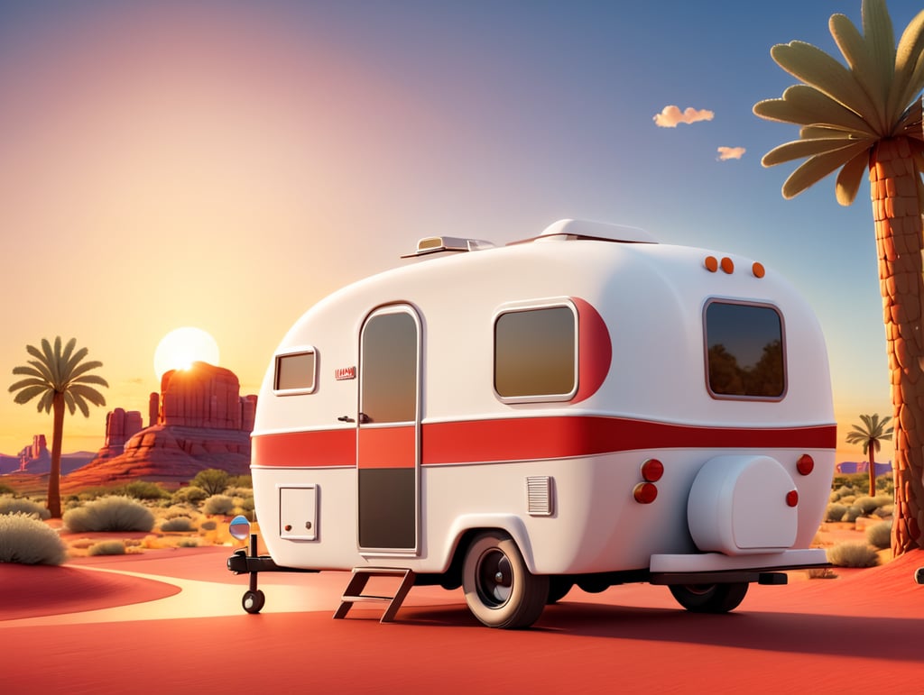 red and white camper driving into the sunset in Arizona