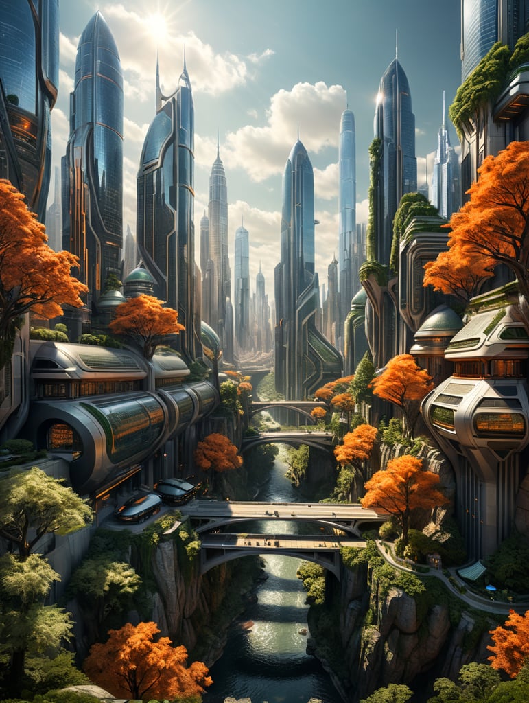 Wide Angle city of the future with skyscrapers, the city is surrounded by a wall of trees, the city has many hills and rivers, the light should be soft with beige and orange shades