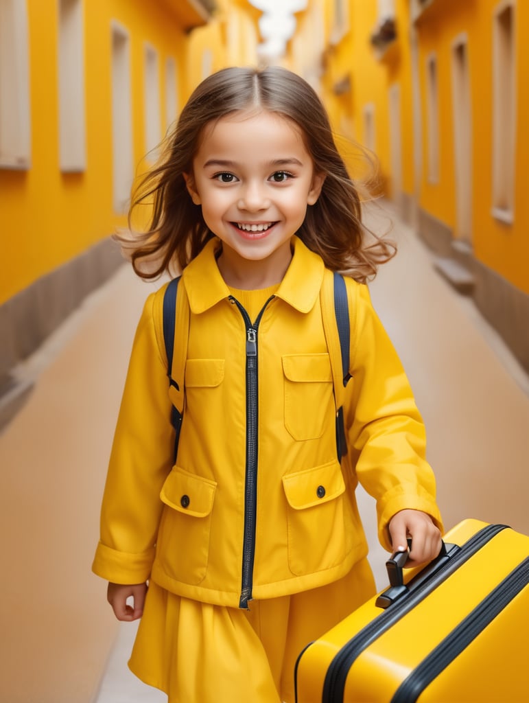 photo happy little girl going to travel, cute girl, dressed in all yellow, yellow background, harpers bizarre, cover, headshot, hyper realistic