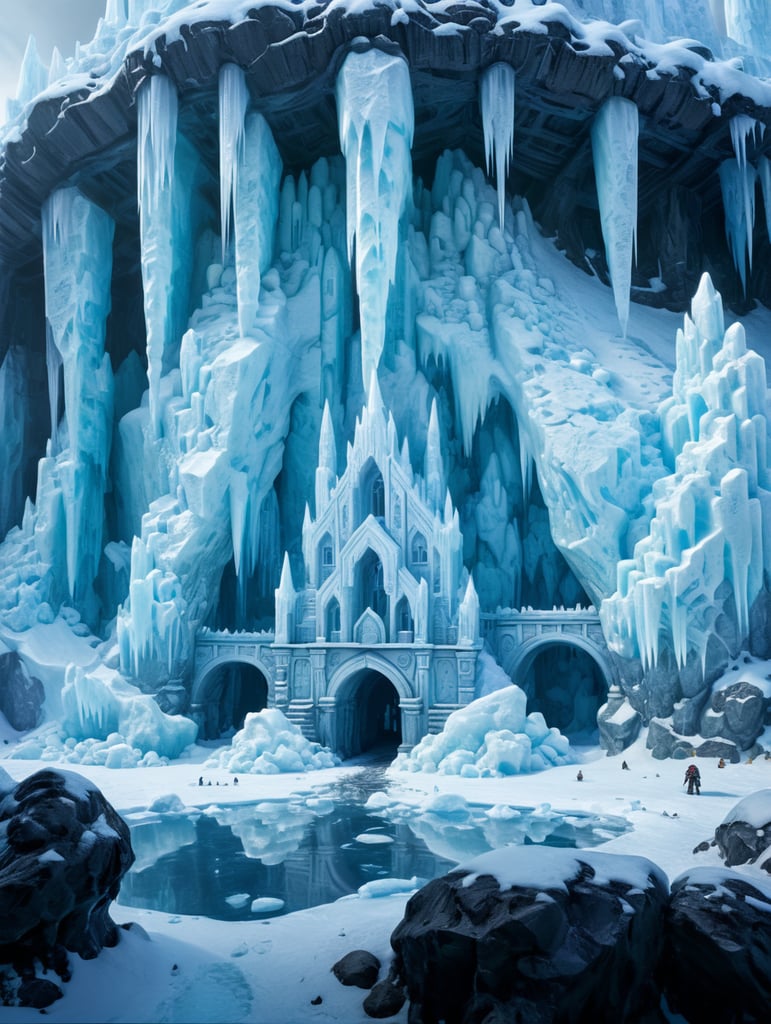 simple ice village with big ice pillars, surrounded by ice walls, with a great ice entrance