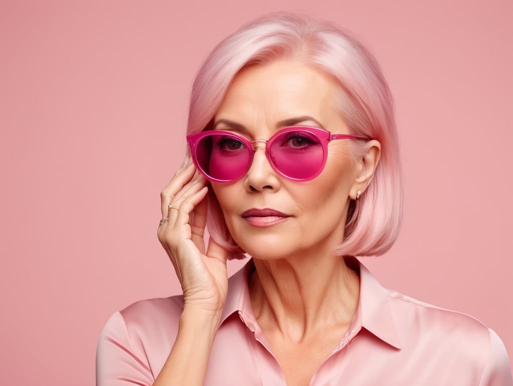 Blonde middle aged woman ponders on something keeps hand near face, pink hair, pink blouse, pink sunglasses, minimalistic style, fashion, mature women, pretty old women, isolated, pink background