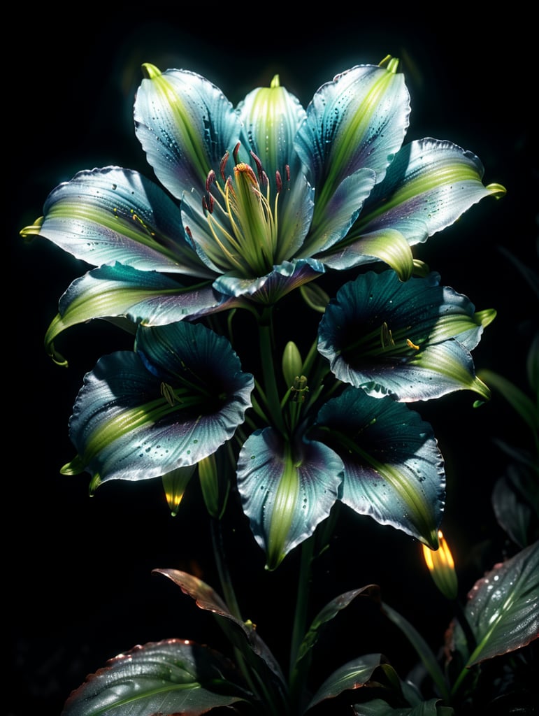 bioluminescent flower Lily, hyper detailed rendering, 4k, magic light, neon watercolours