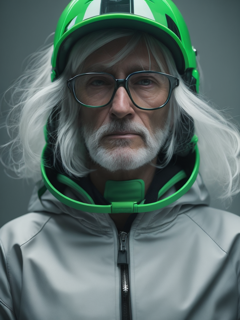 a gnome from fairytale supermodel 76 years old wearing a neon green helmet dressed in athletic clothing and glasses, in the style of futuristic glam, retro futurism, neon green clothing, glasses without color, clear glass, long white hair, teal background, mike campau, anton fadeev, high gloss, mono-ha