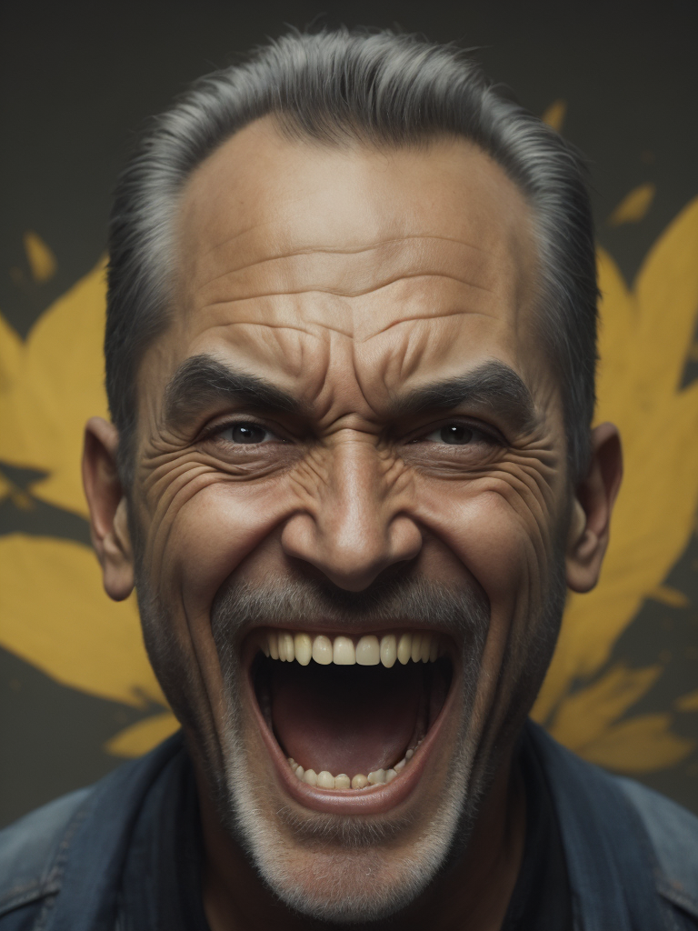 a painting depicting the head of a man with teeth, in the style of artist alex gross, dynamic colors, clear focus, surrealism, psychedelic overload, steve sack, highly detailed figures, nightmare, exuberant