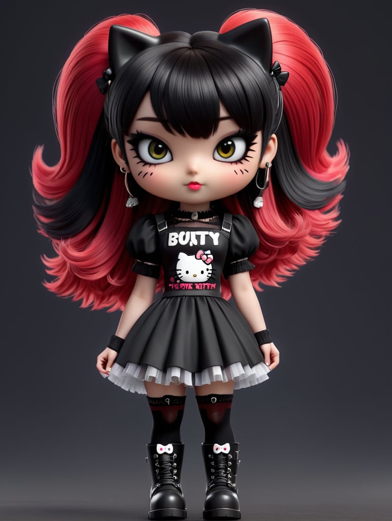 3d hello kitty anime girl with half black half ginger hair with fringe, emo makeup with fake eyelashes, black dress, fishnets and heavy boots