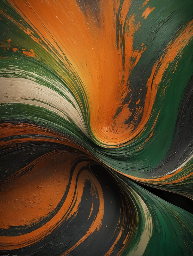 Abstract swirling patterns of green and orange hues blending seamlessly, creating a vibrant and dynamic visual. Use these captivating paint textures as a foundation for your brand's supporting backgrounds, exuding a sense of creativity and fluidity. The view from the top offers a unique perspective, capturing the essence of liquid movement and energy