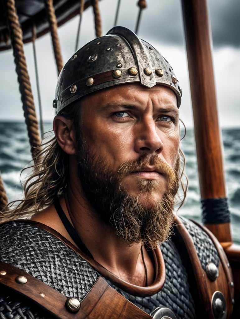 A portrait of viking warrior at the boat in the ocean, stormy weather