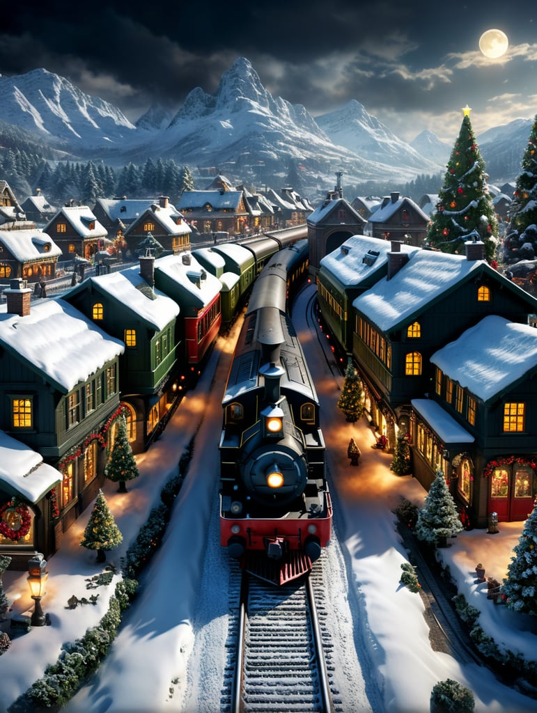 Create a Christmas image, outside, include a train, village and in the middle of the image write the word "Areli"