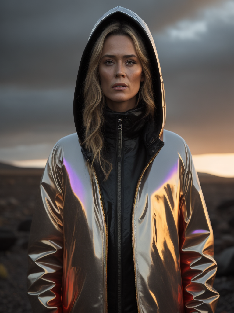 ultra high definition professional high fashion portrait of farrah fawcett studio full length photograph of a female model wearing a transparent pearlescent raincoat and neon visor in an icelandic black rock environment at dawn. no artefacts. extremely detailed. stark. refraction. shallow depth of field. volumetric light and shadow. ray tracing. light rays