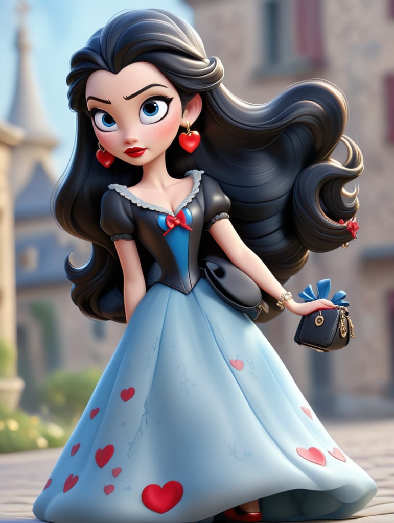 очі голубі,коси длінні чорні, губи червоні,на голові червоний бант,на шиї цепочка сердечком,сережки золоті з серцем,плаття довге чорне,туфлі,сумочка,кольцо